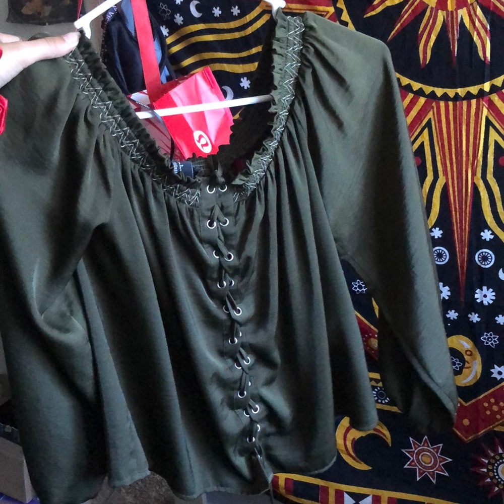 off the shoulder green silk blouse